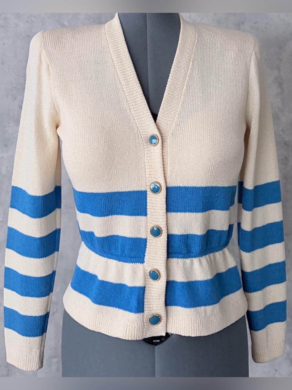 St. John Marie Gray Vintage Knit Cardigan Sweater Size 4 Cream Blue Striped Top